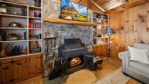 Una sala de estar acogedora con chimenea de piedra, estanterías de madera, un televisor y un sofá.