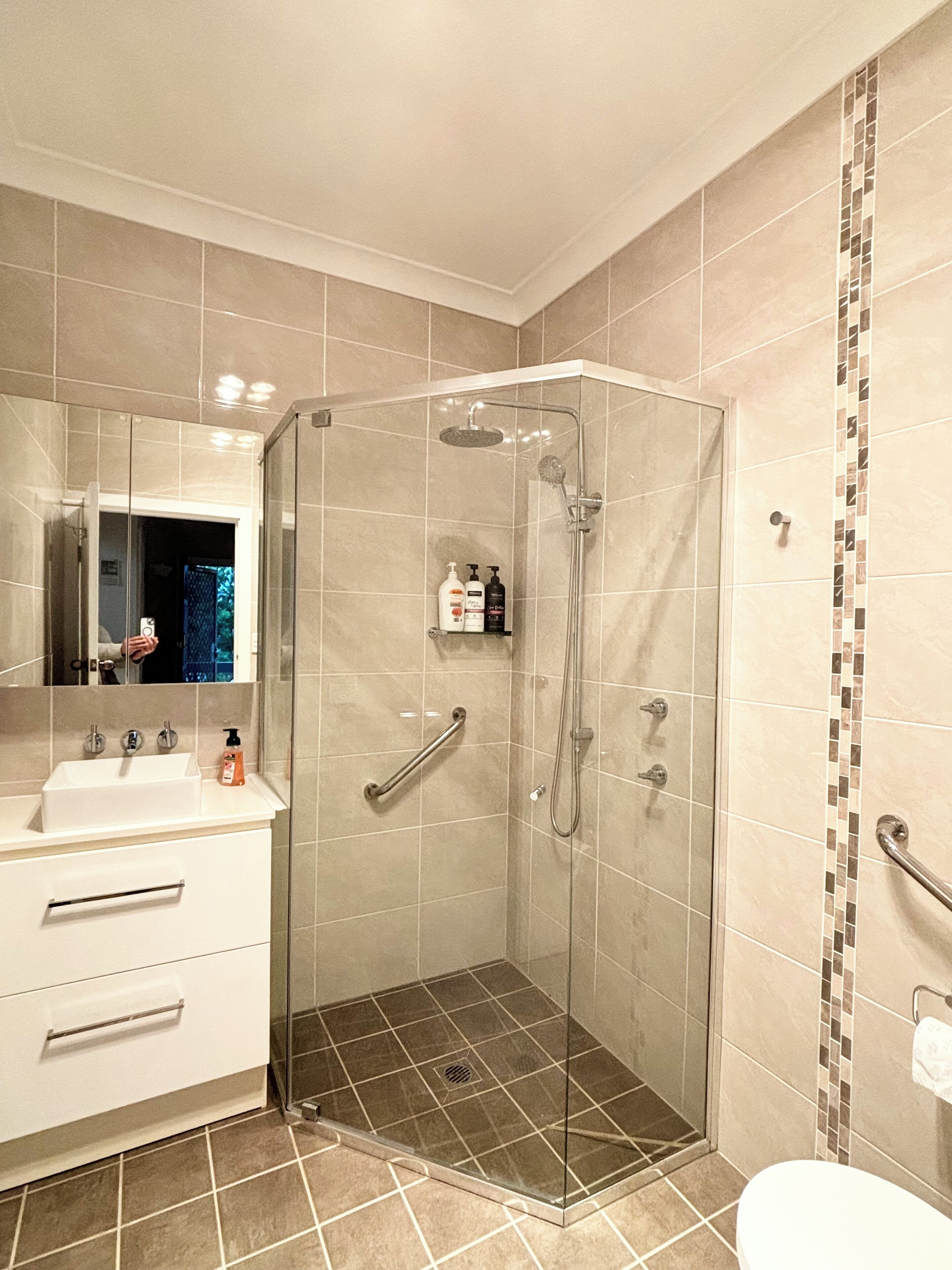 A modern bathroom with a glass-enclosed shower, a vanity with a sink, and a toilet.