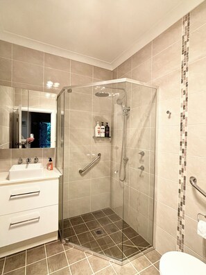 Shower, hair dryer, shampoo, toilet paper