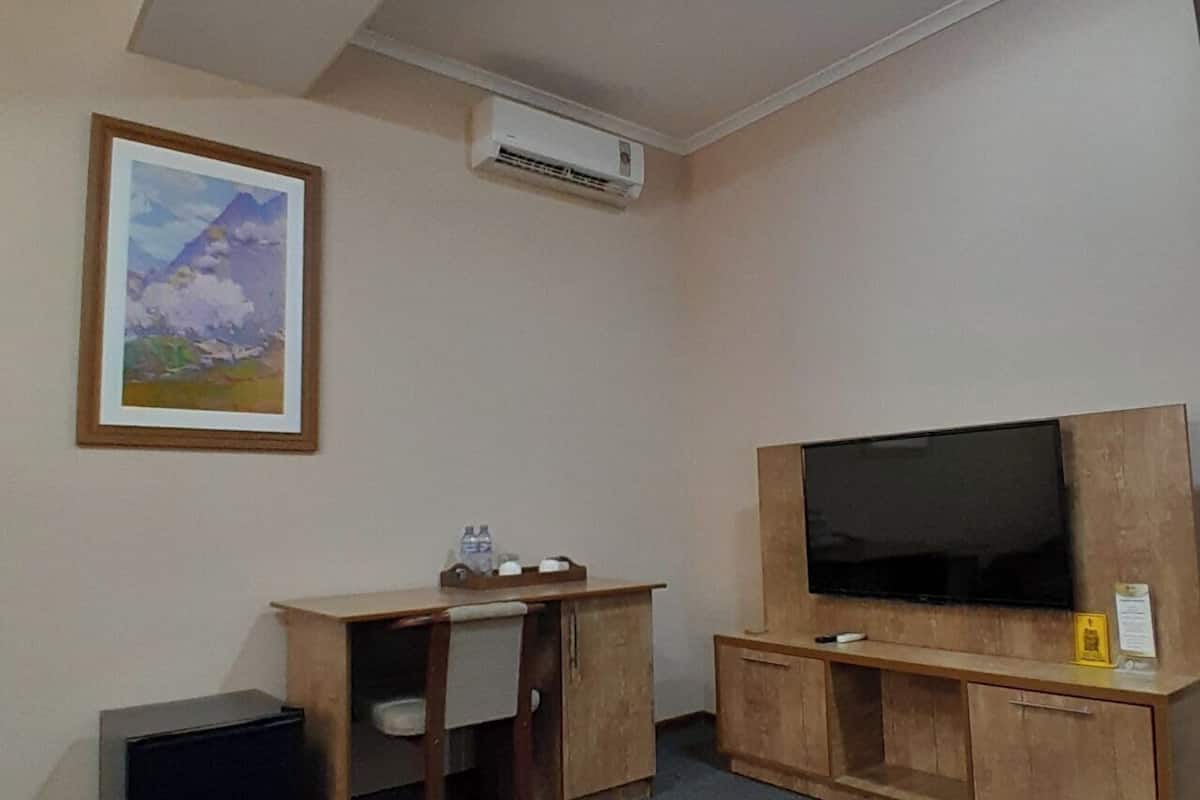 A room with a wooden desk, a chair, a television on a wooden stand, an air conditioning unit, and a framed picture on the wall.