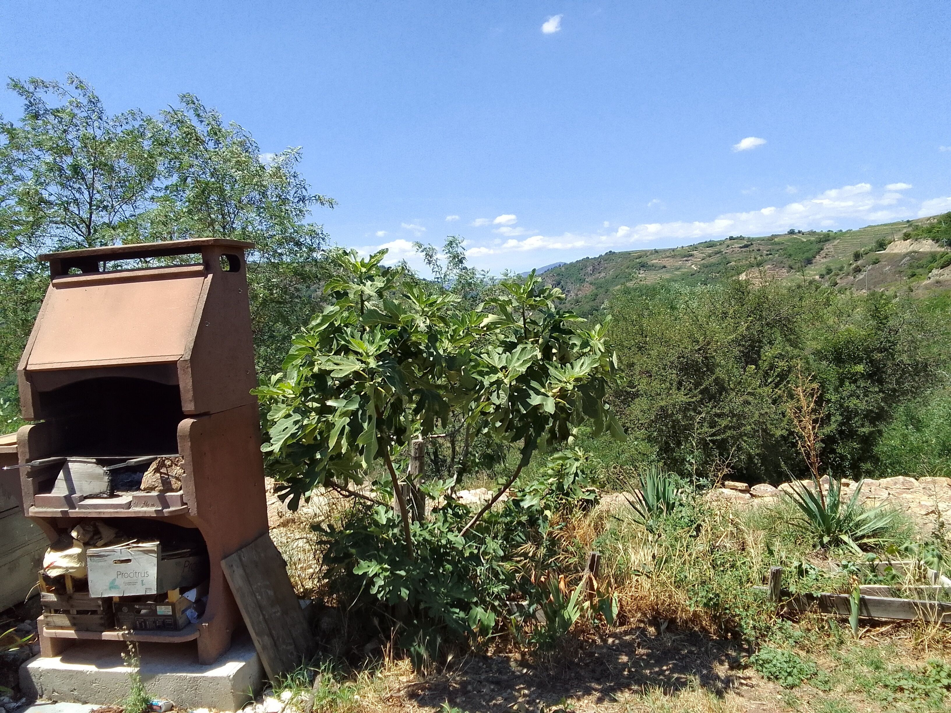 A rustic outdoor grill with a wooden structure, surrounded by greenery and a hilly landscape.