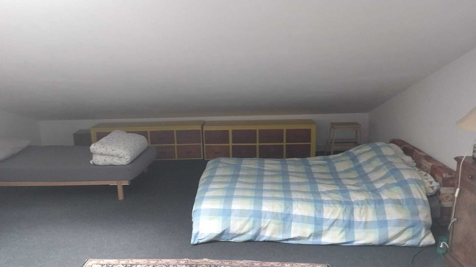 Pieni, yksiön kokoinen asunto, jossa on kerrossänky, sohva ja pieni pöytä.