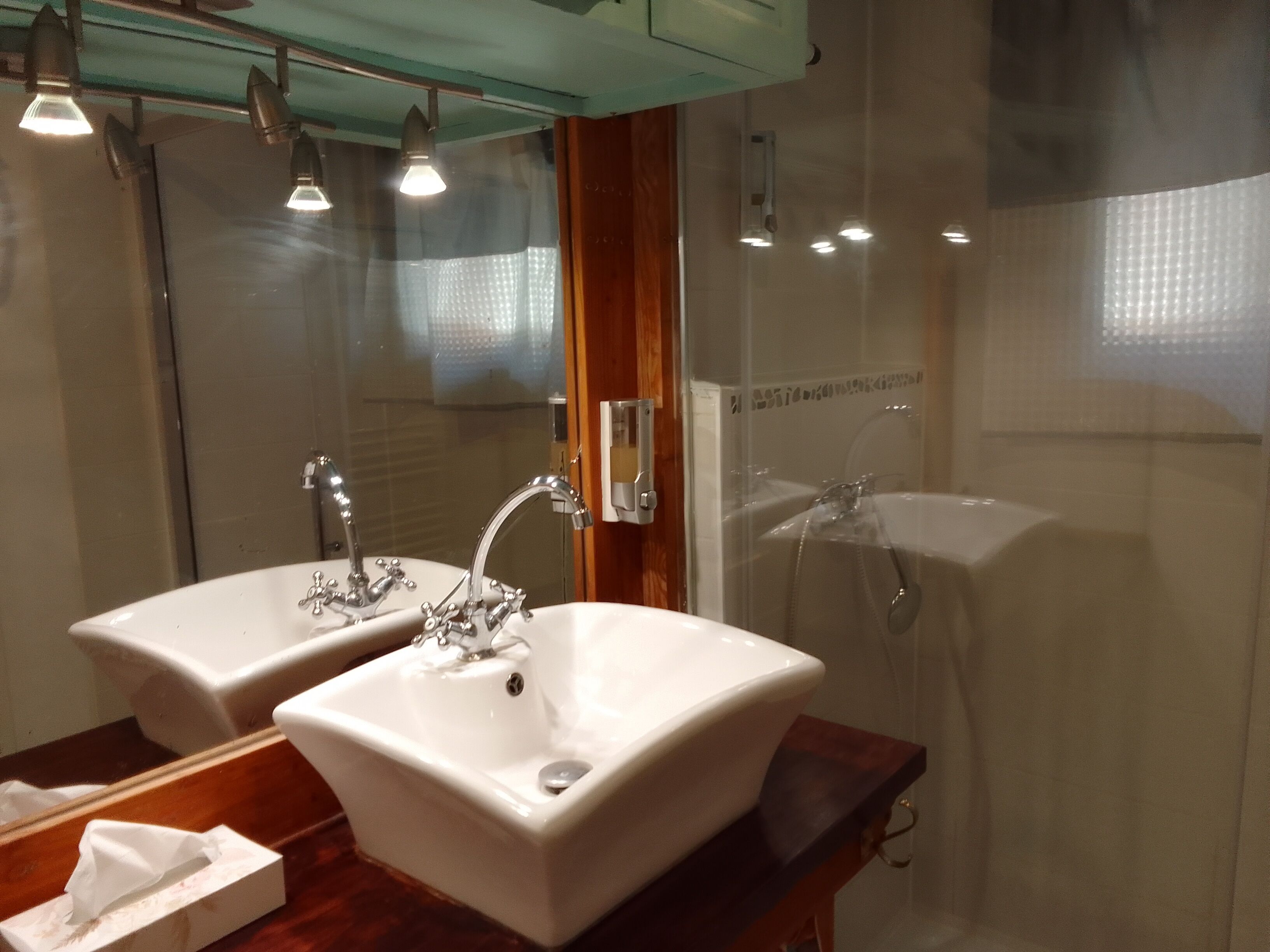 Een badkamer met twee wastafels, een spiegel en een douche.
