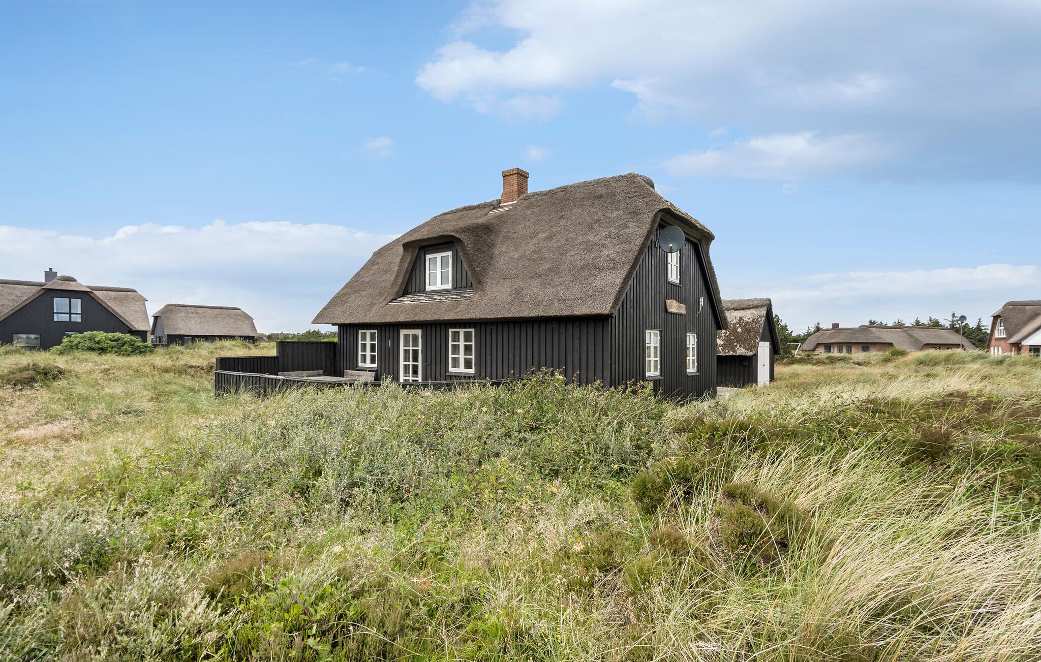 Et traditionelt bindingsværkshus med stråtækt tag og mørk facade, omgivet af højt græs og andre lignende huse i baggrunden.