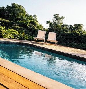 A swimming pool with two white lounge chairs on the edge. - Luxe Villa Bliss met privézwembad, nabij strand, Willemstad en voorzieningen (Sint Michiel)