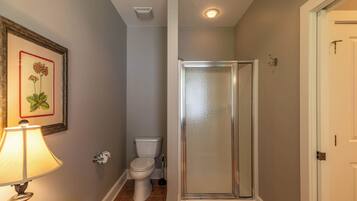 A bathroom with a toilet, a shower with a glass door, a framed picture on the wall, and a floor lamp.