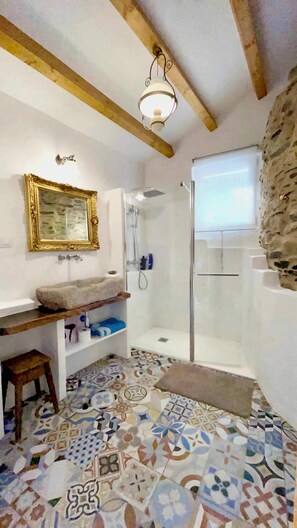 Shower, hair dryer, towels