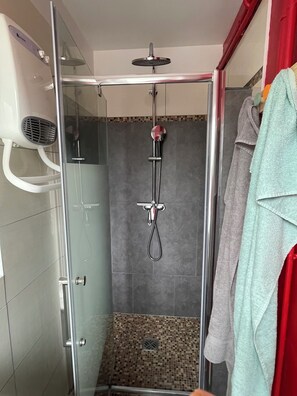 Shower, towels, soap, toilet paper