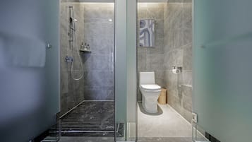 Rainfall showerhead, hair dryer, towels