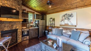 Mökki, 1 keskisuuri parisänky, patio, vuoristonäköala (Red Wolf Chalet at Eagles Nest) | Oleskelualue | Takka