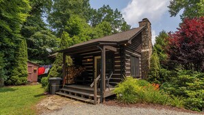Une cabane en rondins avec une cheminée en pierre, une véranda avec des marches et un jardin où poussent différentes plantes, ainsi qu’un drapeau.