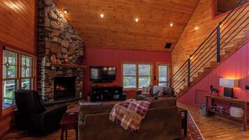 Cabin, 1 King Bed with Sofa bed, Hot Tub, Mountain View (A River Mist Walk) | Living area | Fireplace