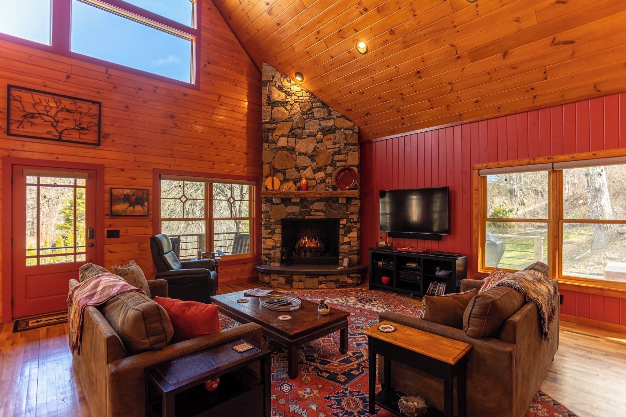 Cabin, 1 King Bed with Sofa bed, Hot Tub, Mountain View (A River Mist Walk) | Living area | Fireplace