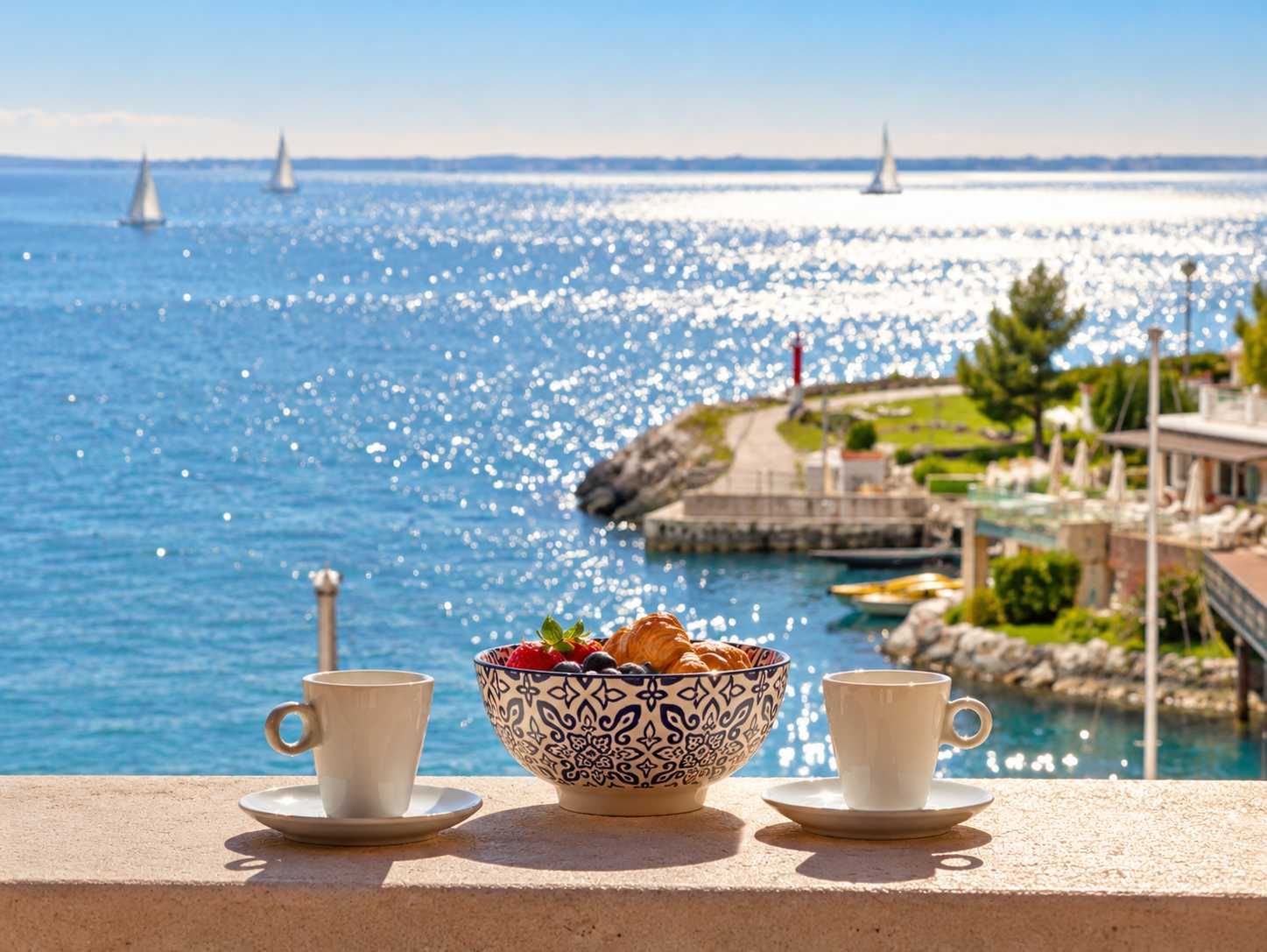 Vista sul mare da un balcone, con una ciotola di frutta e due tazze.