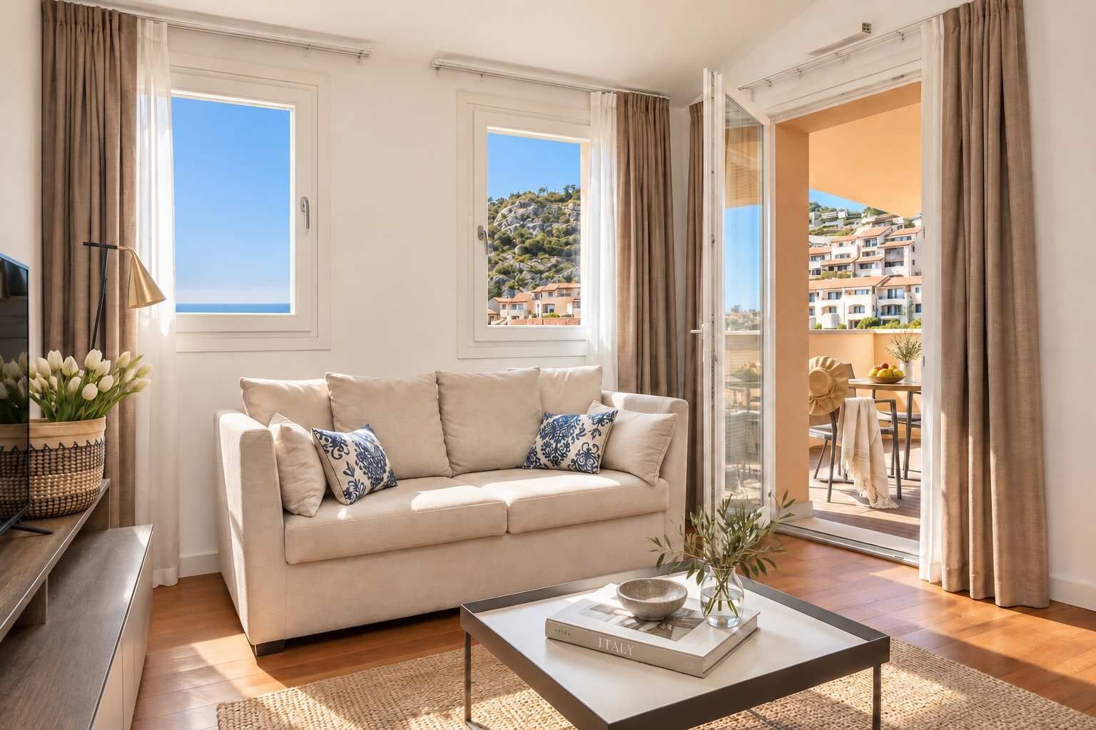 A living room with a sofa, a coffee table with a book and vase, and a view of a balcony with a table and chairs.