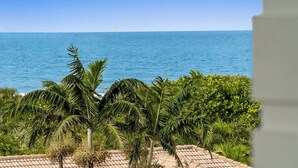 A coastal view with palm trees and a clear sky.