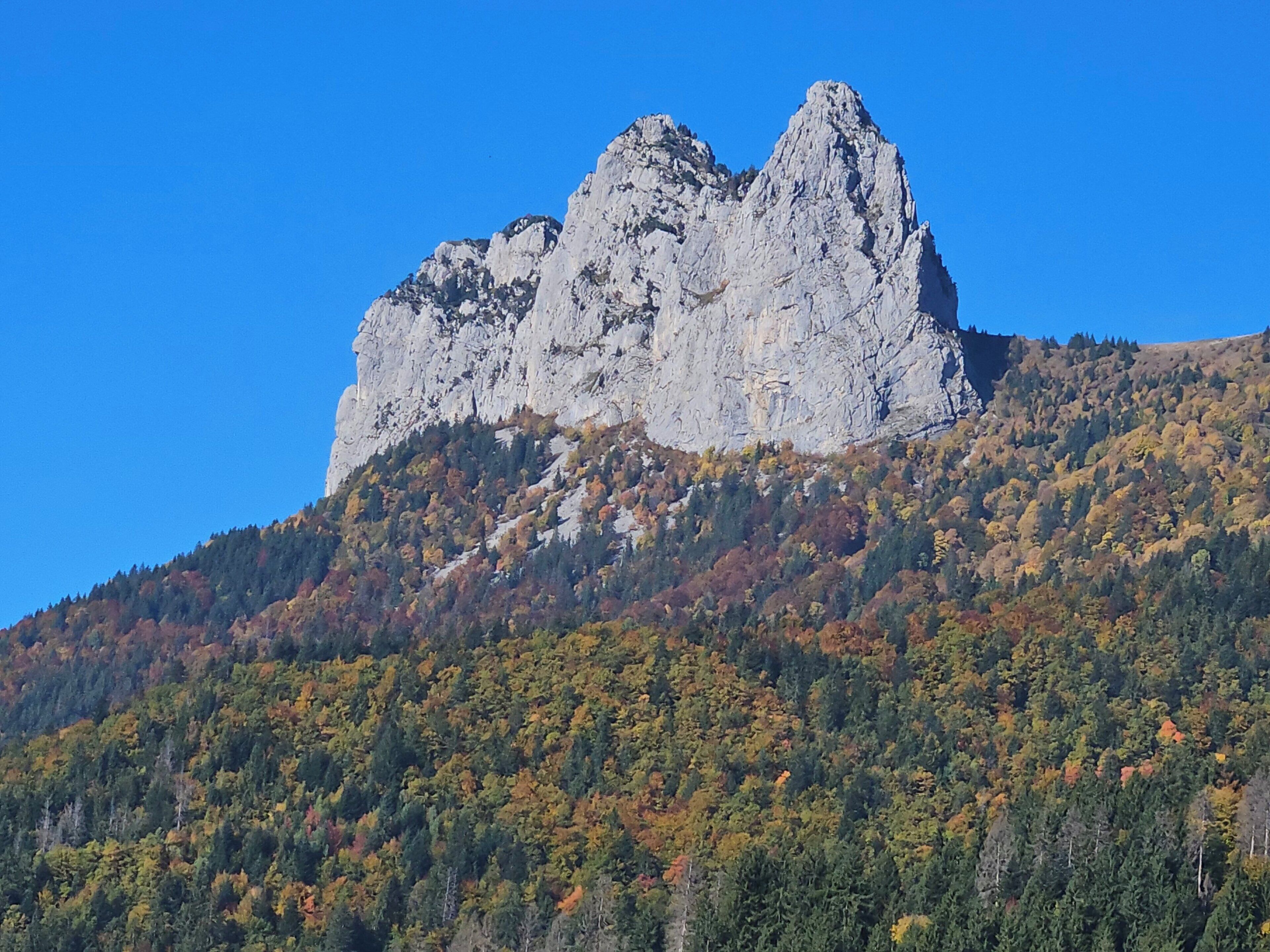 Une montagne aux pics rocheux et aux flancs couverts de forêts.