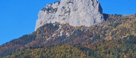 Une montagne aux pics rocheux et aux flancs couverts de forêts.