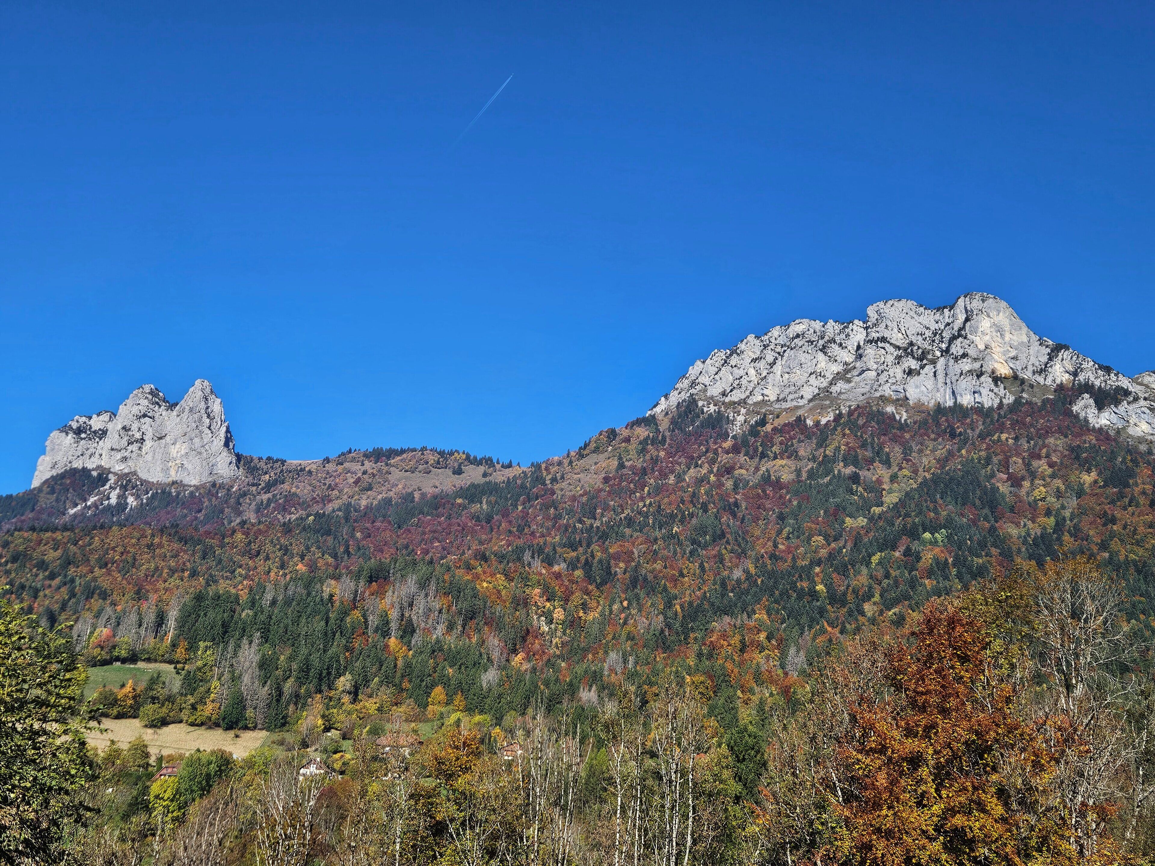 A mountain landscape with rocky peaks and autumn foliage.