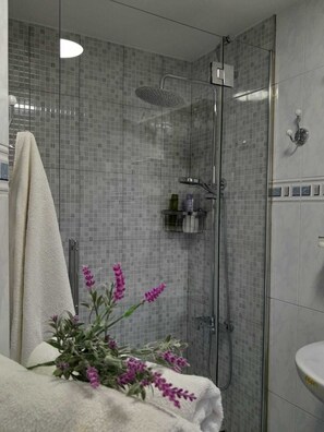 Ducha, artículos de tocador ecológicos, secador de pelo, toallas