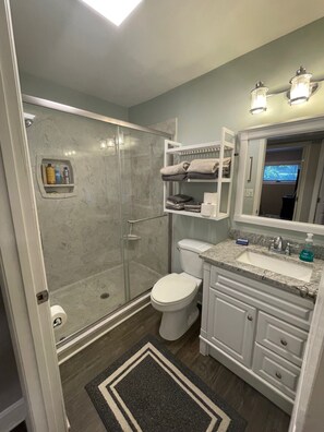 Hair dryer, towels, soap, shampoo