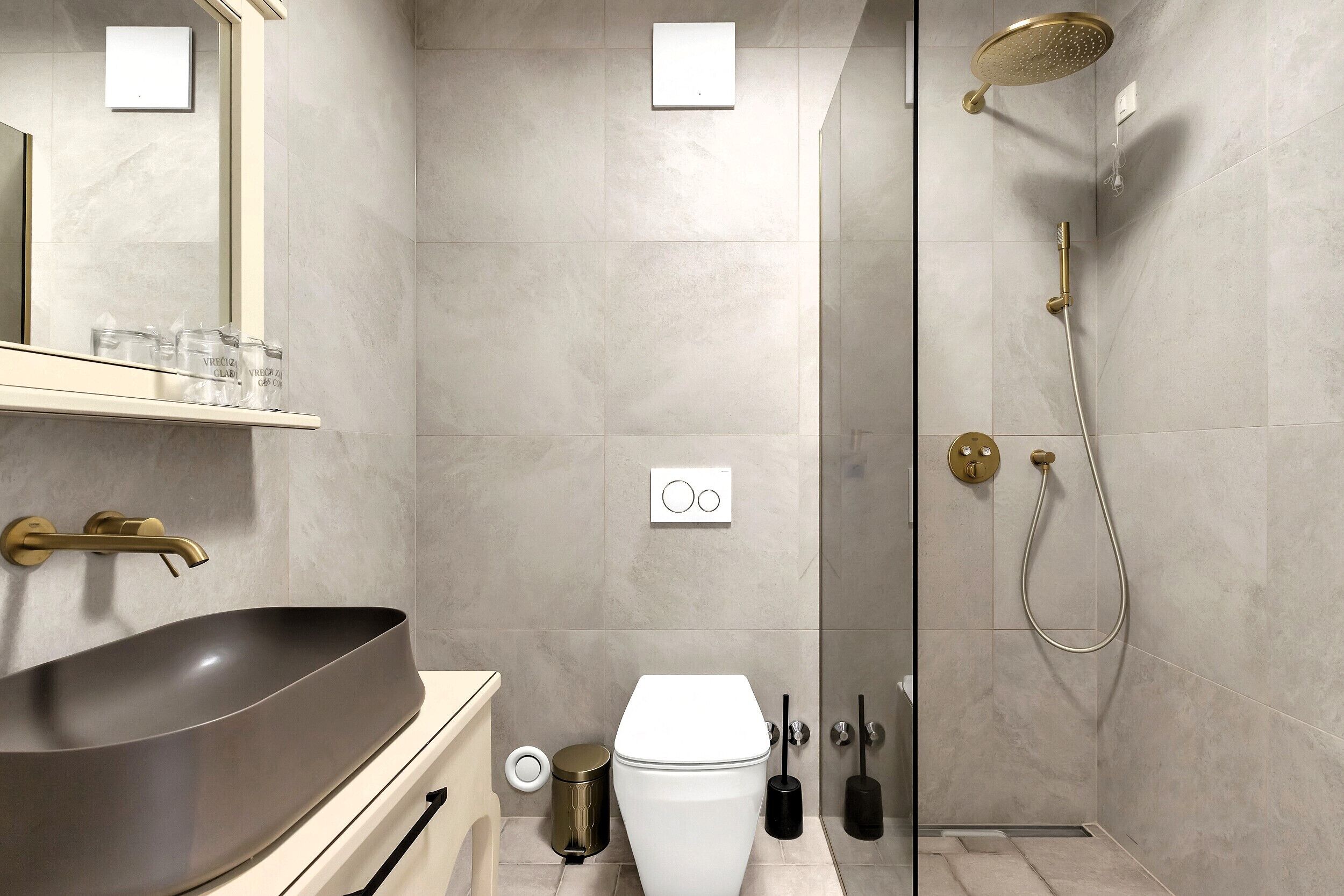 Shower, hair dryer, towels, toilet paper