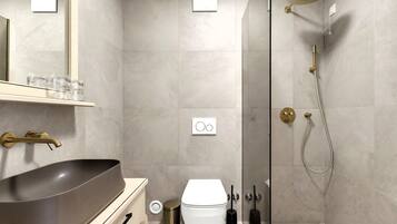 Shower, hair dryer, towels, toilet paper