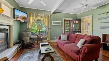 TV connectée, cheminée, livres