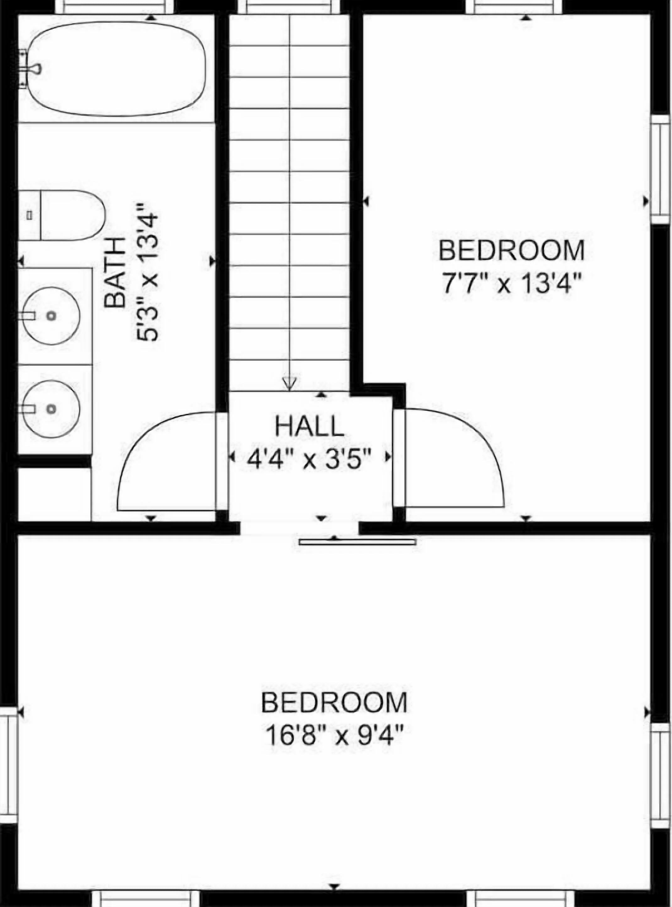 A floor plan with a 7'7' x 13'4' bedroom, a 16'8' x 9'4' bedroom, a 5'3' x 13'4' bathroom, and a 4'4' x 35' hall.