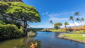 A koi pond with a bridge, surrounded by lush greenery and palm trees.
