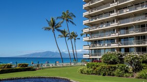 A hotel with a pool, palm trees, and a view of the ocean.