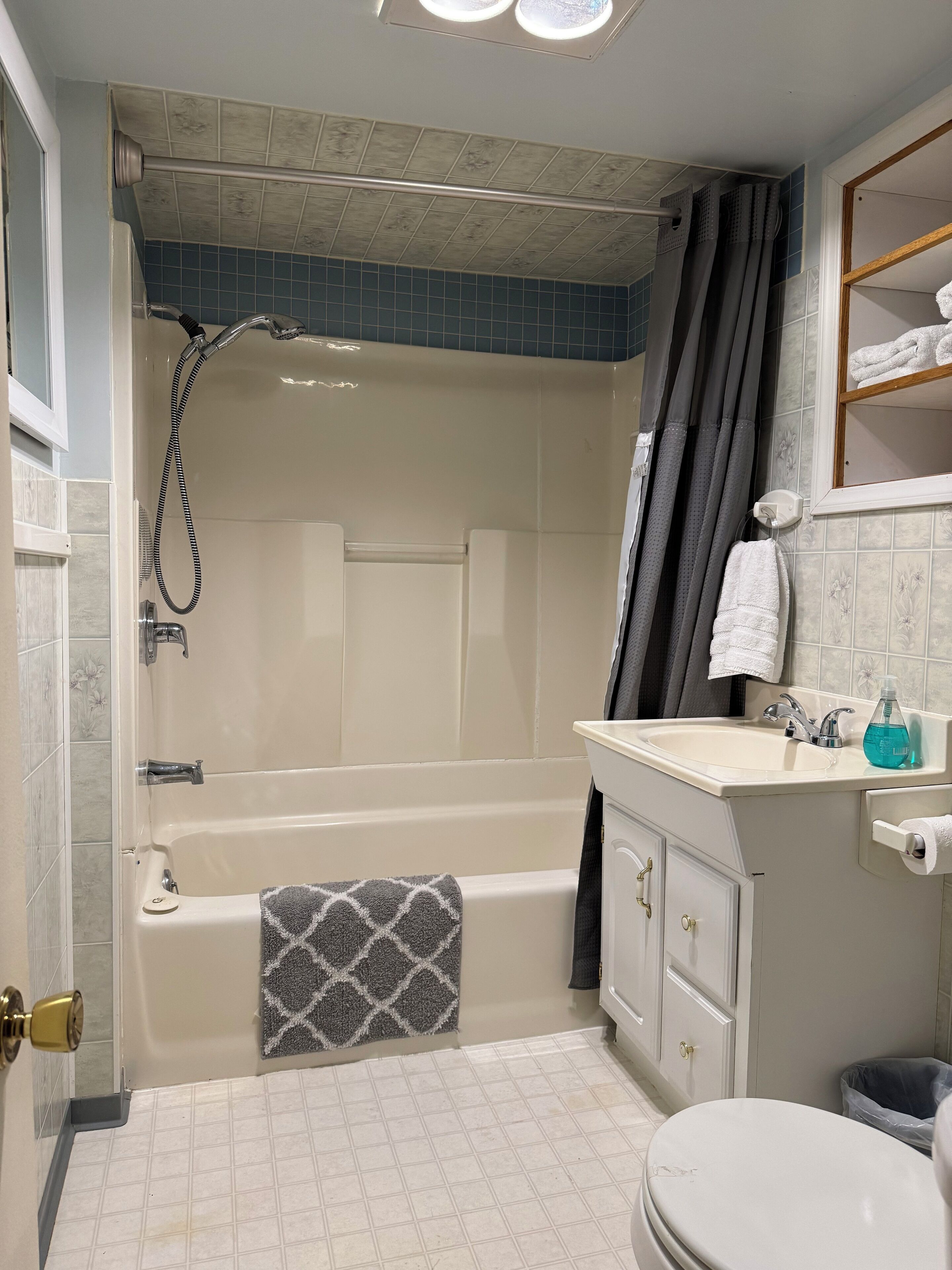 Hair dryer, towels, soap, shampoo