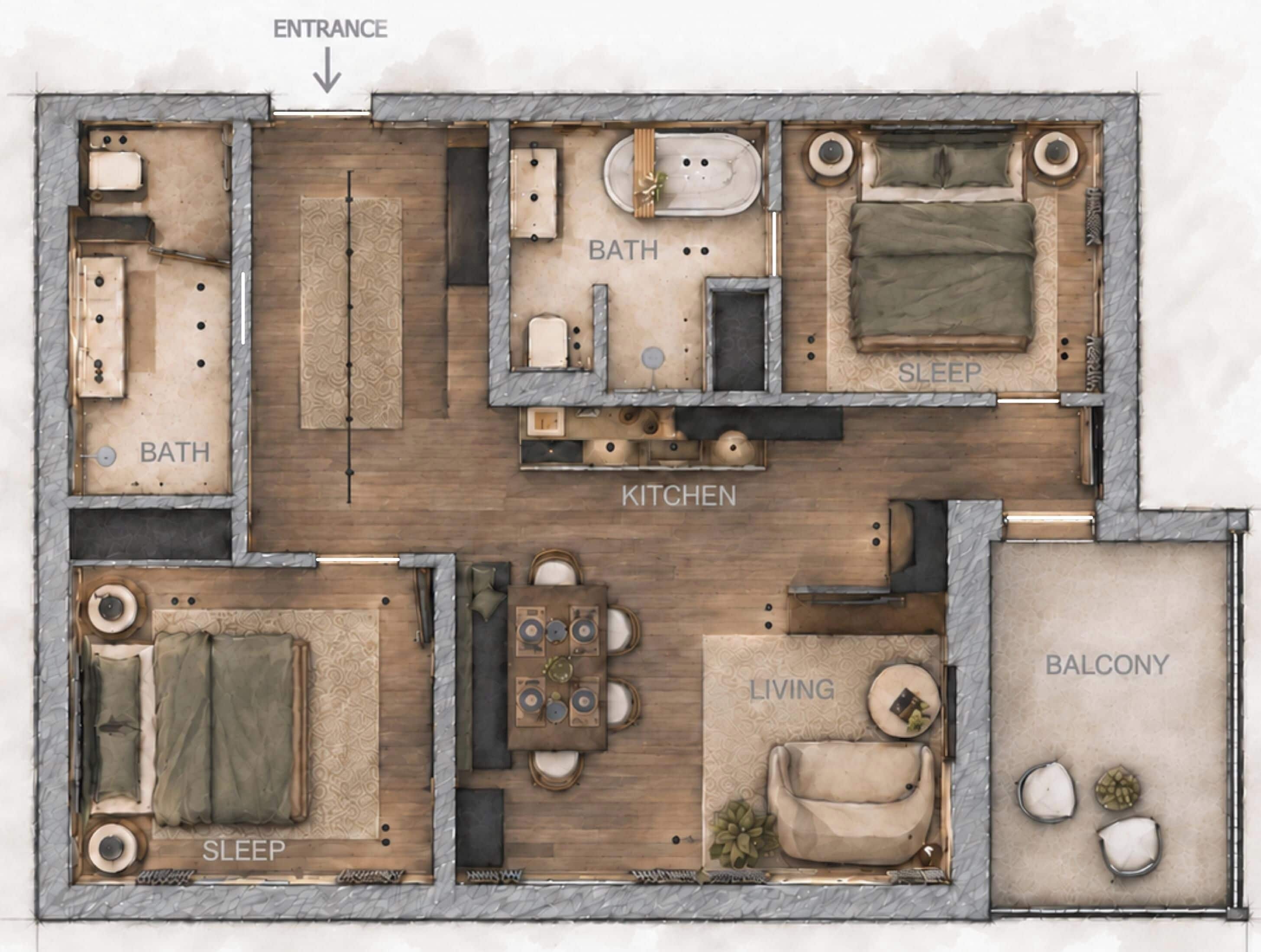 Plano de planta de un hotel que muestra habitaciones identificadas, incluyendo cocina, sala de estar, balcón y dos dormitorios.