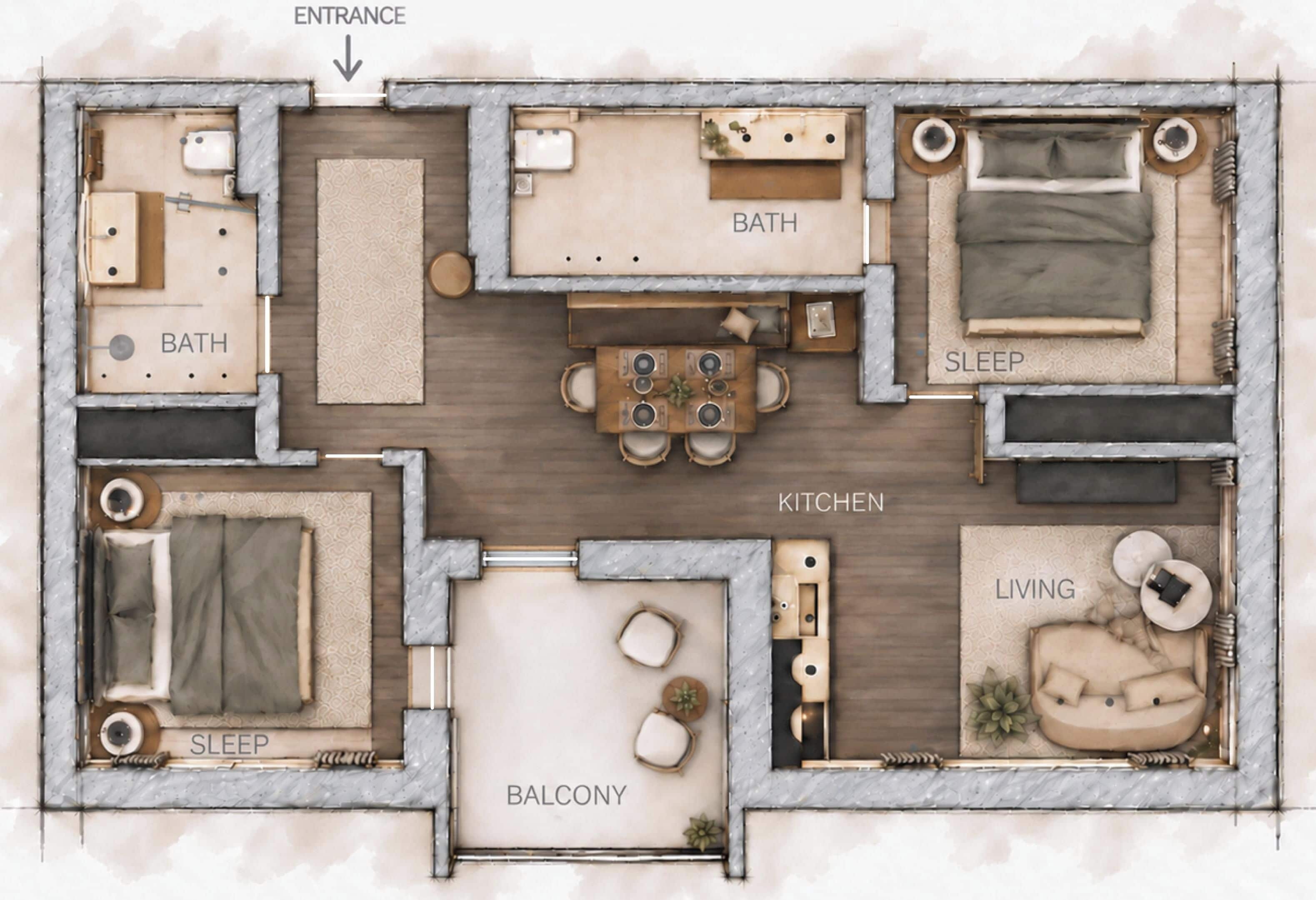 Een plattegrond van een hotelkamer met aangeduide zones voor de ingang, twee badkamers, een keuken, een zithoek, een balkon en twee slaapgedeeltes.