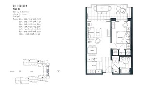 Grundriss einer Ein-Zimmer-Wohnung mit Wohnzimmer, Essbereich, Küche, Bad und Lanai.