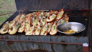 Een barbecue met bereid zeevrucht, waaronder kreeft, en een metalen kom met een lepel.