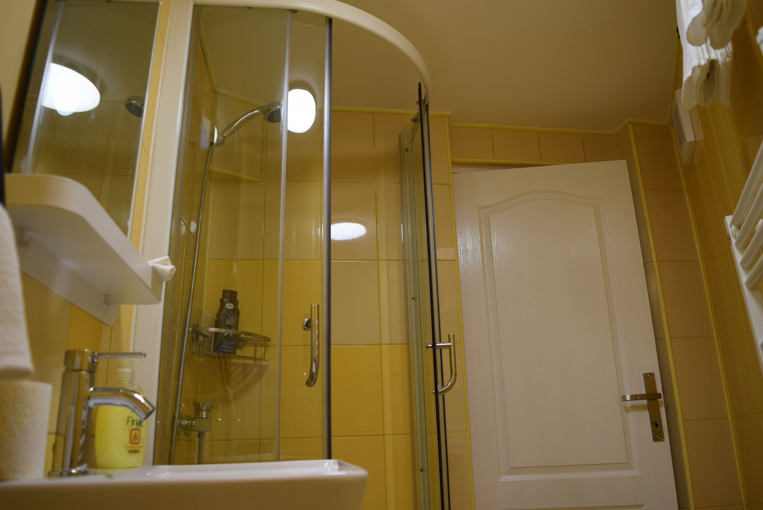 Un baño con cabina de ducha de vidrio, una puerta blanca y un lavamanos con una botella de jabón para manos.