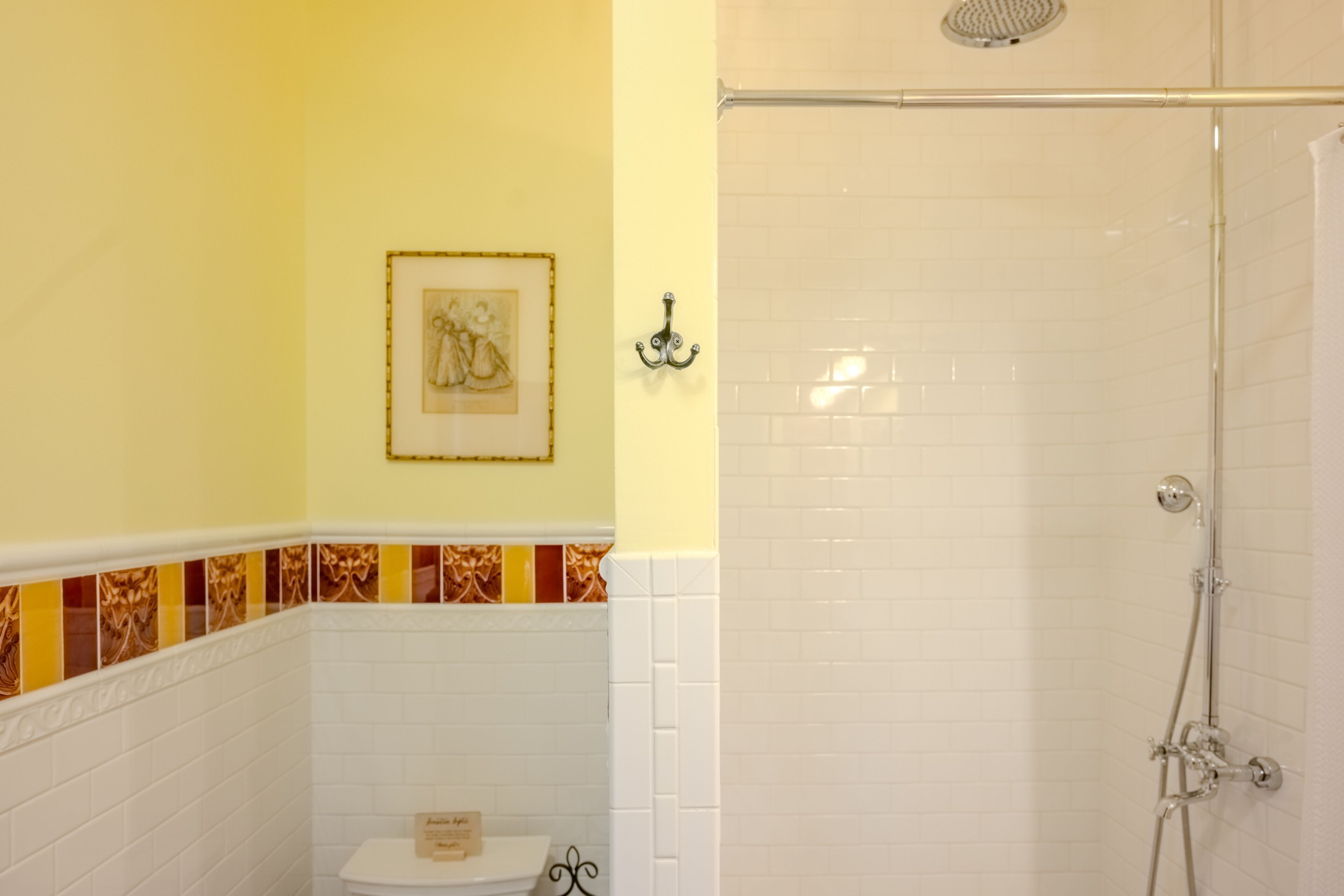Un baño con inodoro, ducha e imagen colgada en la pared.