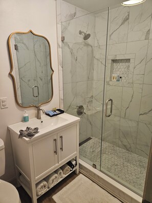 Shower, hair dryer, towels, soap