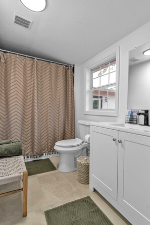 Hair dryer, towels, soap, shampoo