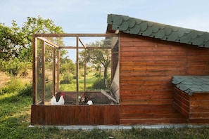 Un gallinero de madera con cerramiento de malla metálica y techo inclinado.