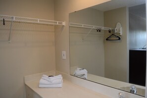 Hair dryer, towels, soap, shampoo