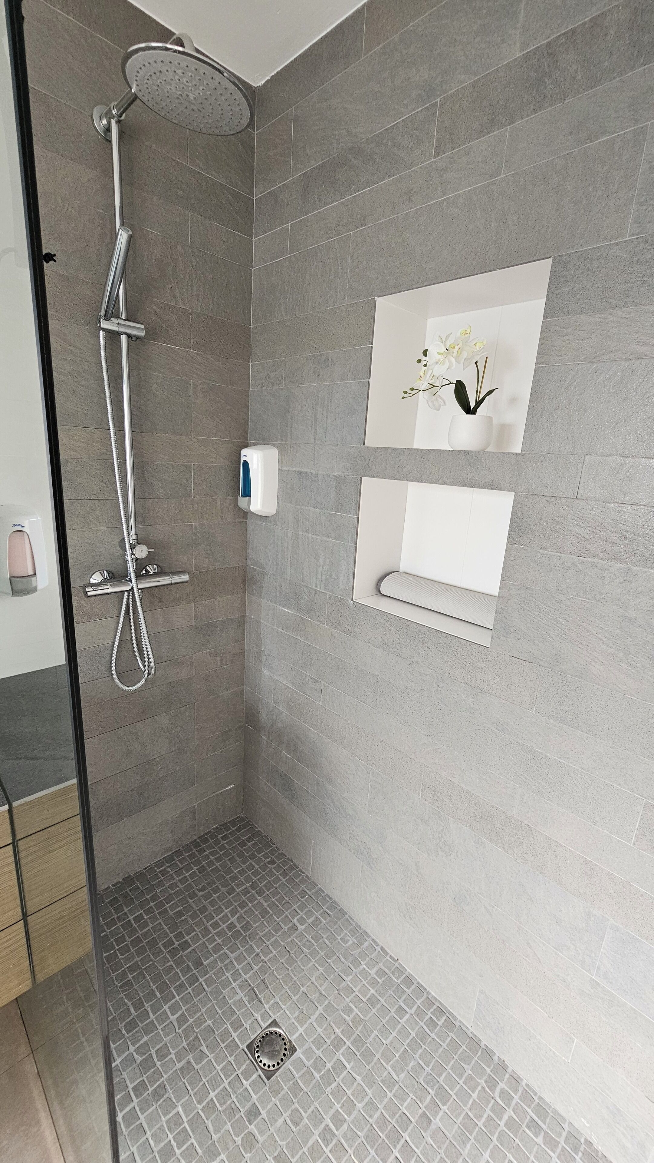 Shower, eco-friendly toiletries, hair dryer, towels