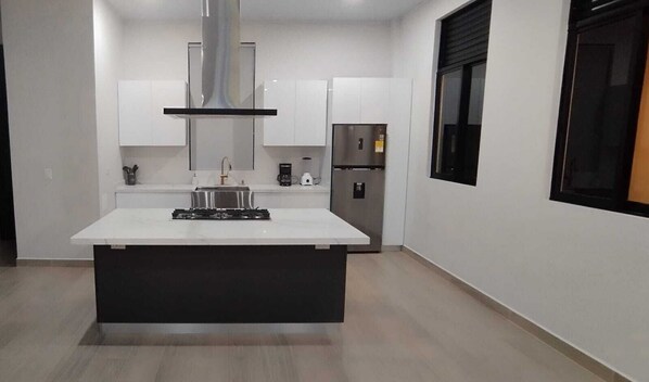 Kjøleskap, ovn, kokeplater og kaffetrakter/tekoker