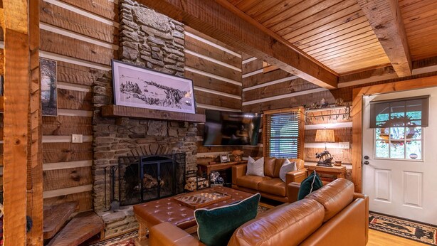 Cabin, Multiple Beds, Hot Tub, Mountain View (Whispering Pines) | Living area | Fireplace - Whispering Pines (Fleetwood)