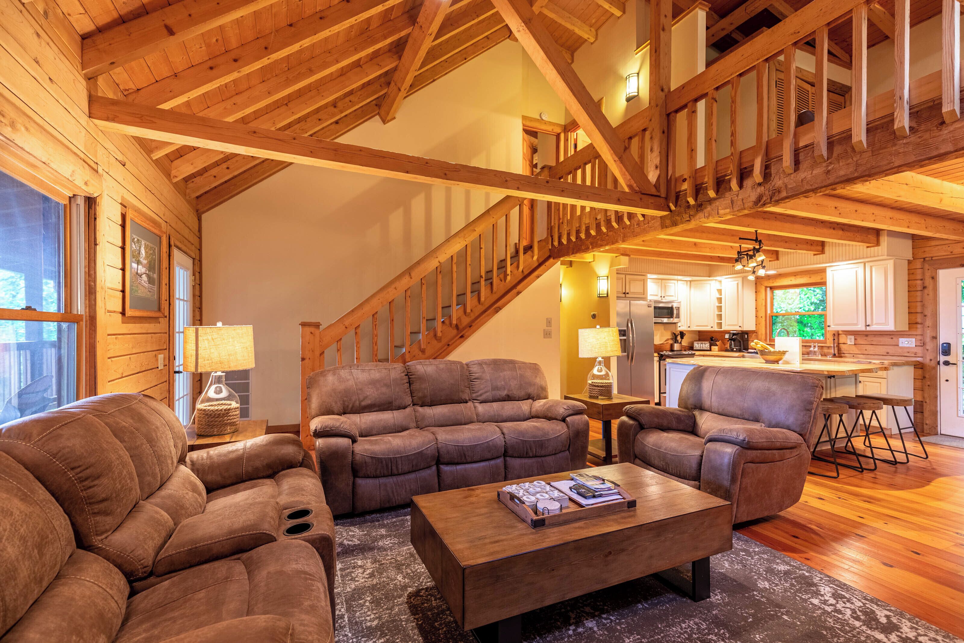 Cabin, Multiple Beds, Hot Tub, Mountain View (Lazy Oaks Lodge ) | Living area | Fireplace