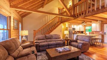Cabin, Multiple Beds, Hot Tub, Mountain View (Lazy Oaks Lodge ) | Living area | Fireplace