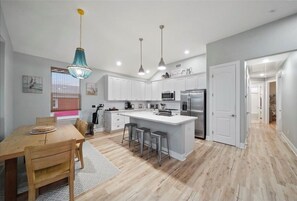 Fridge, microwave, oven, stovetop - Modern luxury beach House one block from the Beach.  (Galveston)