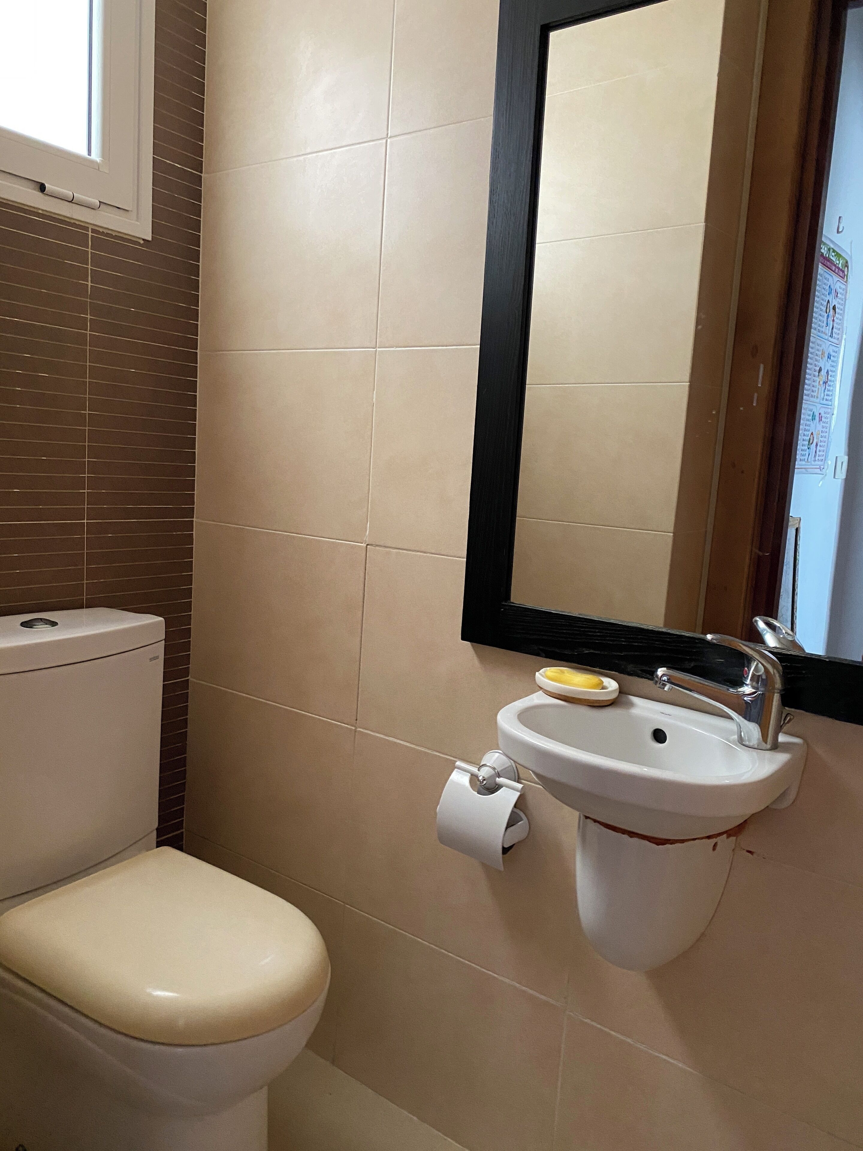 Une salle de bain avec des toilettes, un lavabo et un miroir.
