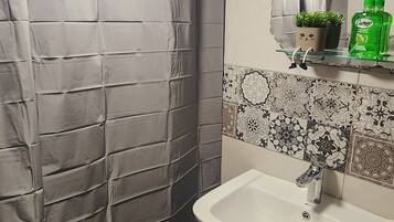 Shower, bidet, towels, soap